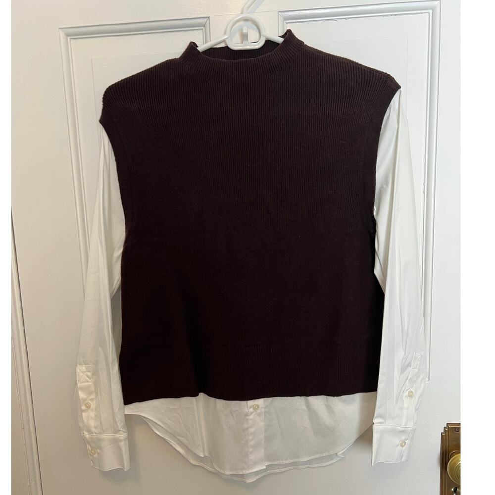 Ann Taylor Women's S P Layered Academia Brown Sweater Vest Long Button Up White